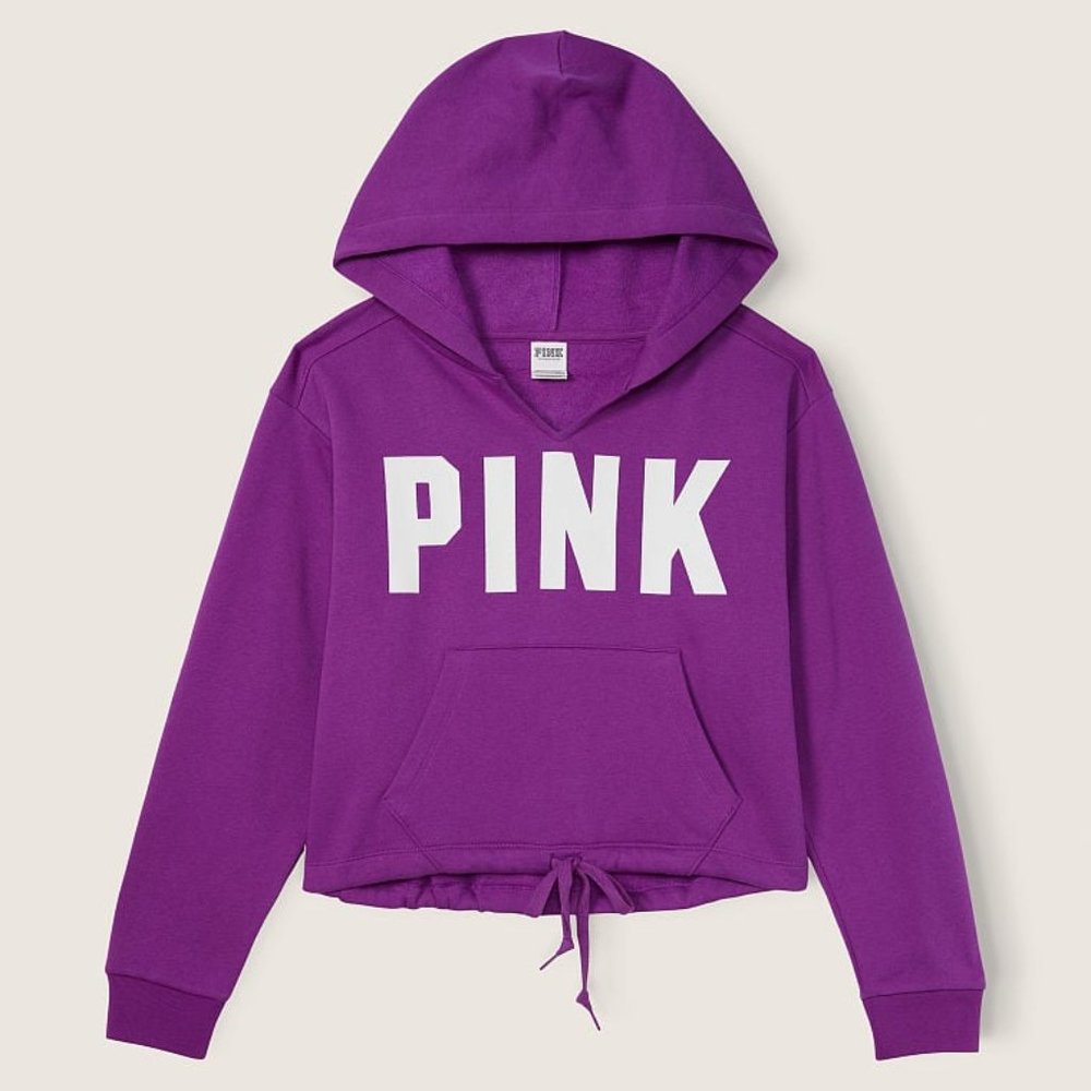 VICTORIA'S SECRET PINK FLEECE CROPPED CINCHED CAMPUS HOODIE=NWT